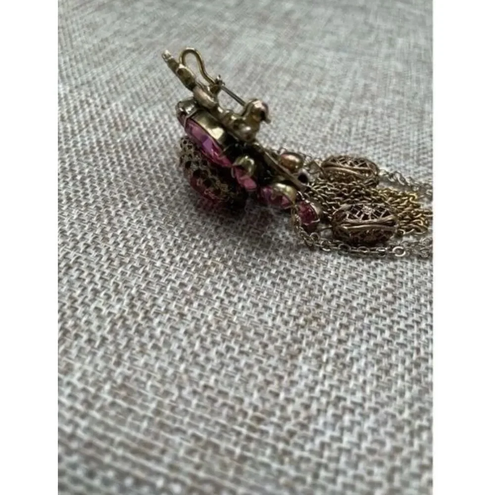 Vintage Pink Rhinestone Filigree Tassel Brooch Victorian Revival Style